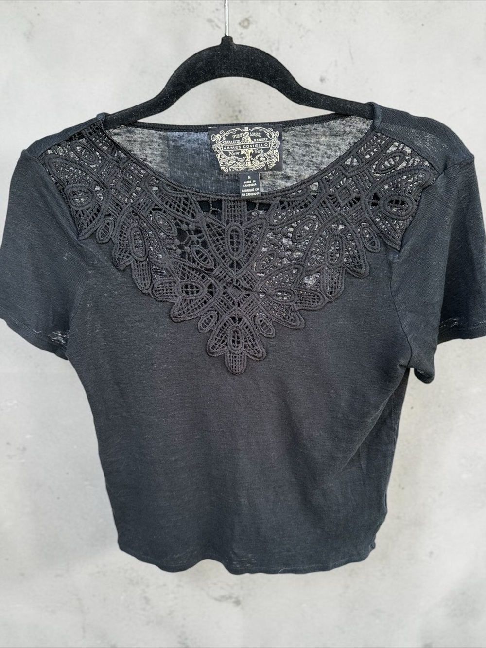 JamesCoviello Black Short Sleeve Tee with Lace Yoke Detail